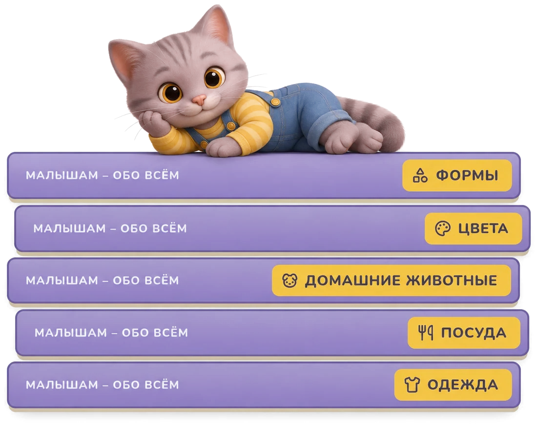 Котик Patricat лежит на стопке книжек: Формы, Цвета, Домашние животные, Посуда, Одежда